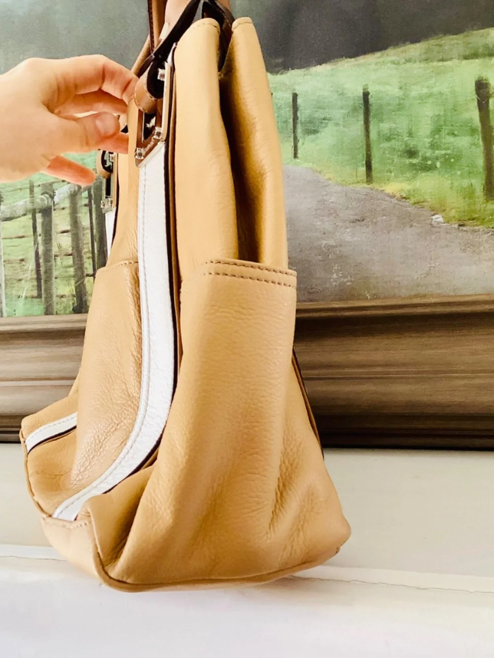 Tignanello Leather Yellow White Large Shoulder Purse Handbag Hobo Tote Summer